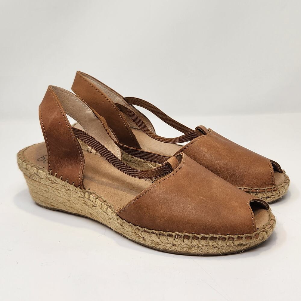 Andre Assous Brown Leather Espadrille Wedge Sandal Women Size 8 Casual Spain